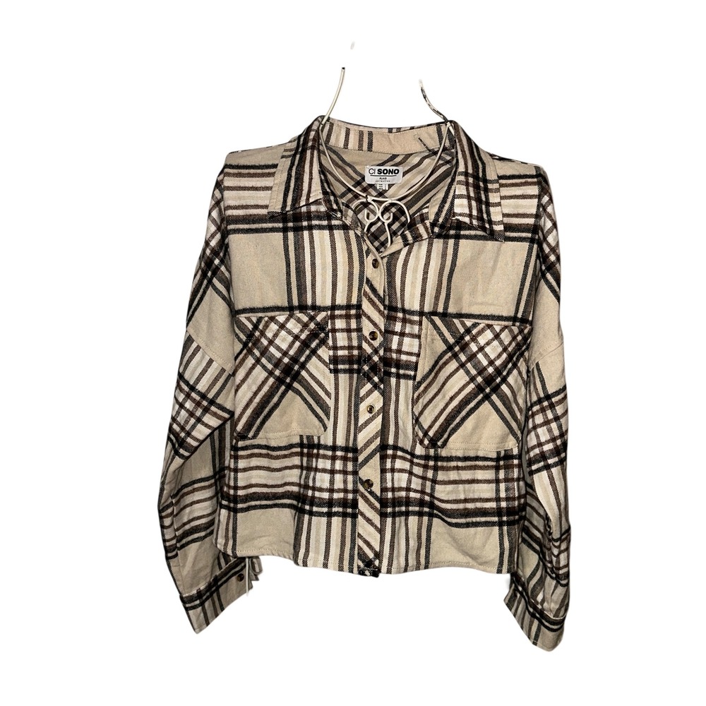 New with tags Ci Sono Plaid Collection Tan Brown Cropped Button Down Flannel